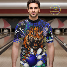 Load image into Gallery viewer, Man wearing blue graffiti tiger bowling quarter zip shirt front view.