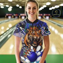 Load image into Gallery viewer, Woman wearing blue graffiti tiger bowling quarter zip shirt front view.