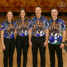 Load image into Gallery viewer, Bowling team wearing matching blue graffiti tiger jerseys front view.