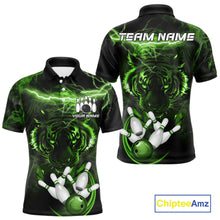 Load image into Gallery viewer, Green thunder lightning tiger bowling team polo shirt for men with tiger graphic design.