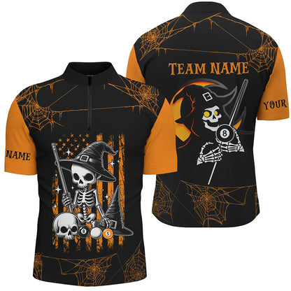Funny Skeleton US Flag Billiard Halloween Shirts For Men Custom Black Orange Billiard Jerseys TDM2407