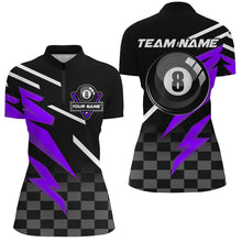 Load image into Gallery viewer, Customized 8 Ball Pool Tournament Billiard Shirts For Women, Black And Purple 8 Ball Billiard Jerseys TDM2642