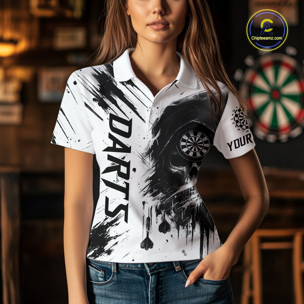 Personalized White Black Grunge Skull Darts Shirt For Women Custom Funny Darts Team Jersey Outfit TDM4908