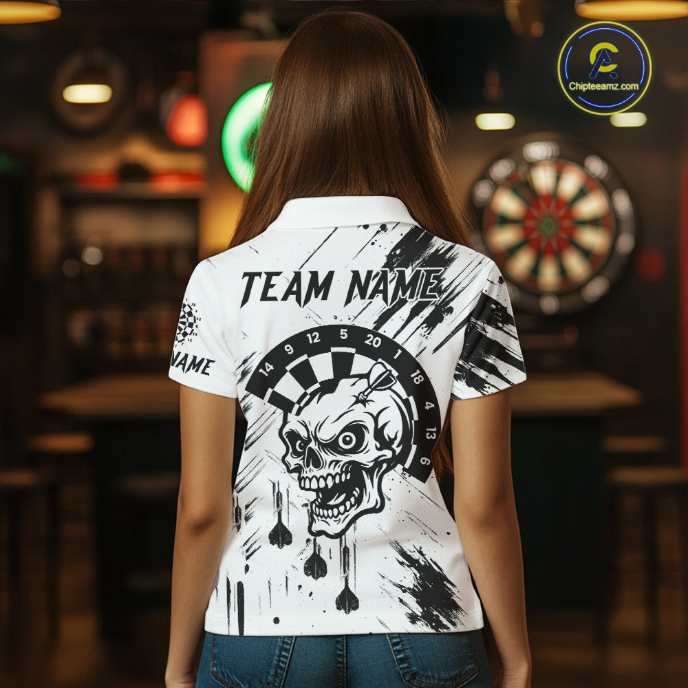 Personalized White Black Grunge Skull Darts Shirt For Women Custom Funny Darts Team Jersey Outfit TDM4908
