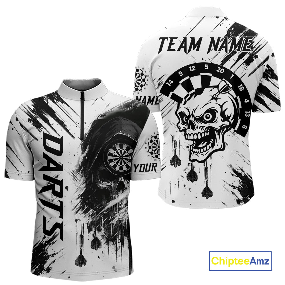 Personalized White Black Grunge Skull Darts Shirt For Men Custom Funny Darts Team Jersey Outfit TDM4908