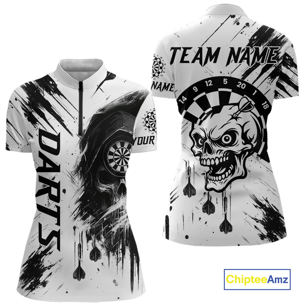 Personalized White Black Grunge Skull Darts Shirt For Women Custom Funny Darts Team Jersey Outfit TDM4908