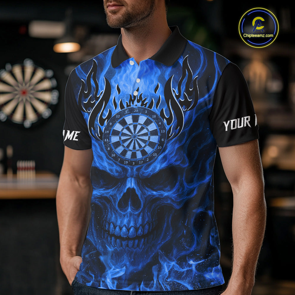 Blue Flaming Skull Men's Dart Jersey Custom Dart Fire Lightning Darts Team Shirts Polo & 1/4 Zip TDM7730
