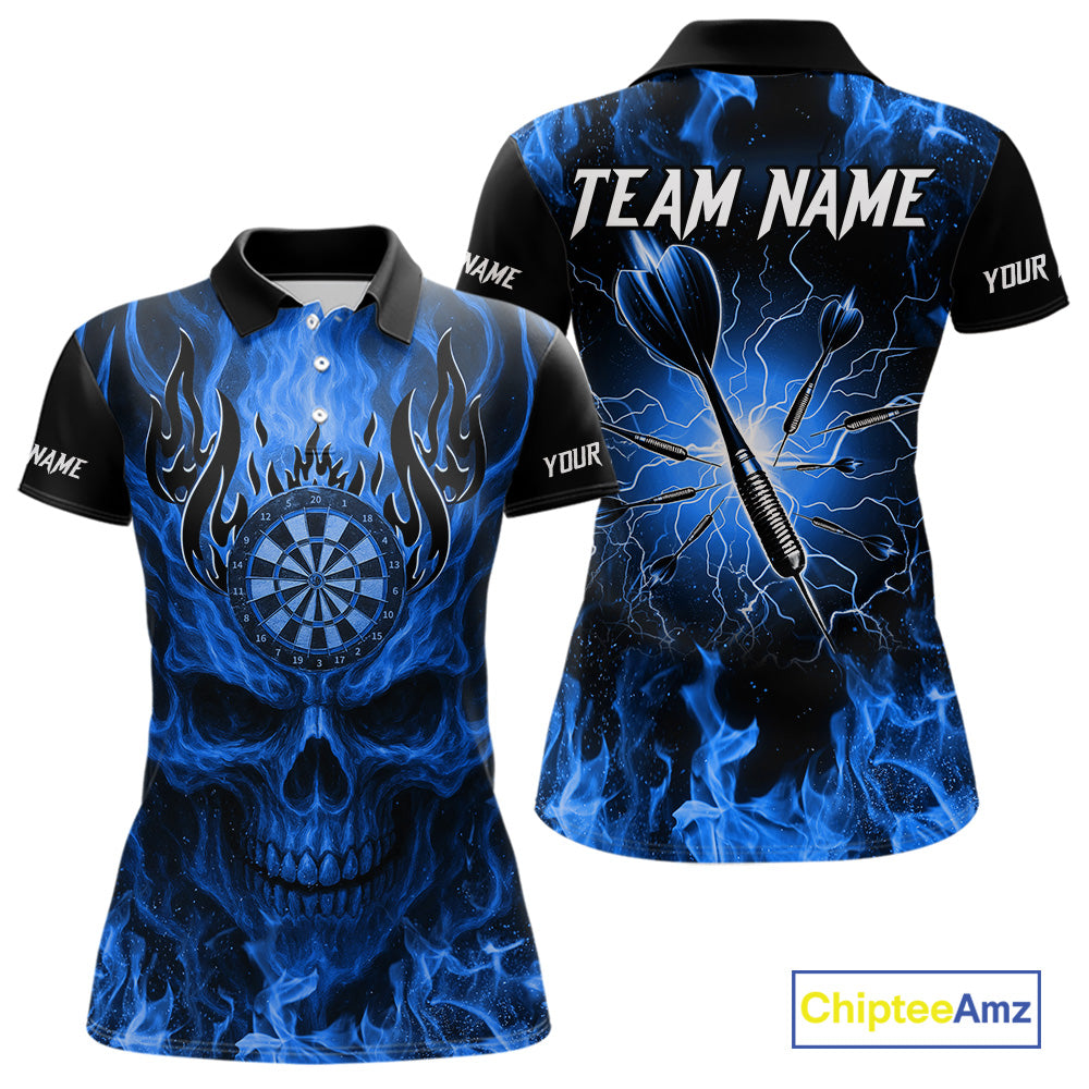 Blue Flaming Skull Women's Dart Jersey Custom Dart Fire Lightning Darts Team Shirts Polo & 1/4 Zip TDM7730