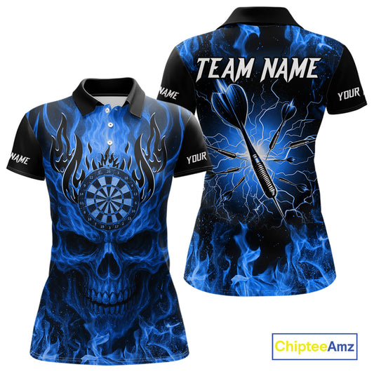 Blue Flaming Skull Women's Dart Jersey Custom Dart Fire Lightning Darts Team Shirts Polo & 1/4 Zip TDM7730