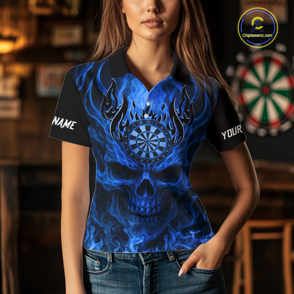 Blue Flaming Skull Women's Dart Jersey Custom Dart Fire Lightning Darts Team Shirts Polo & 1/4 Zip TDM7730