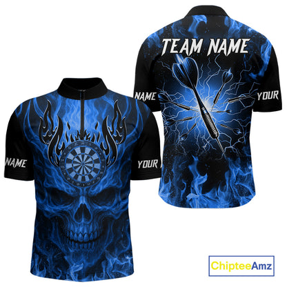 Blue Flaming Skull Men's Dart Jersey Custom Dart Fire Lightning Darts Team Shirts Polo & 1/4 Zip TDM7730