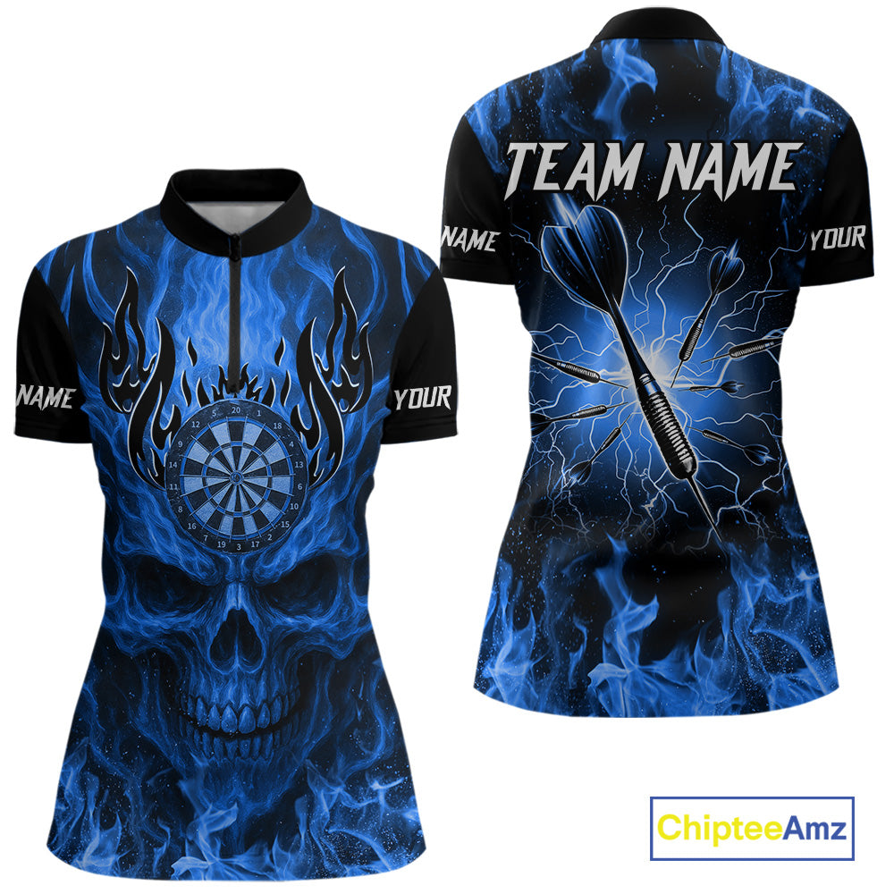 Blue Flaming Skull Women's Dart Jersey Custom Dart Fire Lightning Darts Team Shirts Polo & 1/4 Zip TDM7730