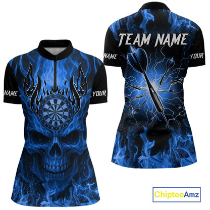 Blue Flaming Skull Women's Dart Jersey Custom Dart Fire Lightning Darts Team Shirts Polo & 1/4 Zip TDM7730