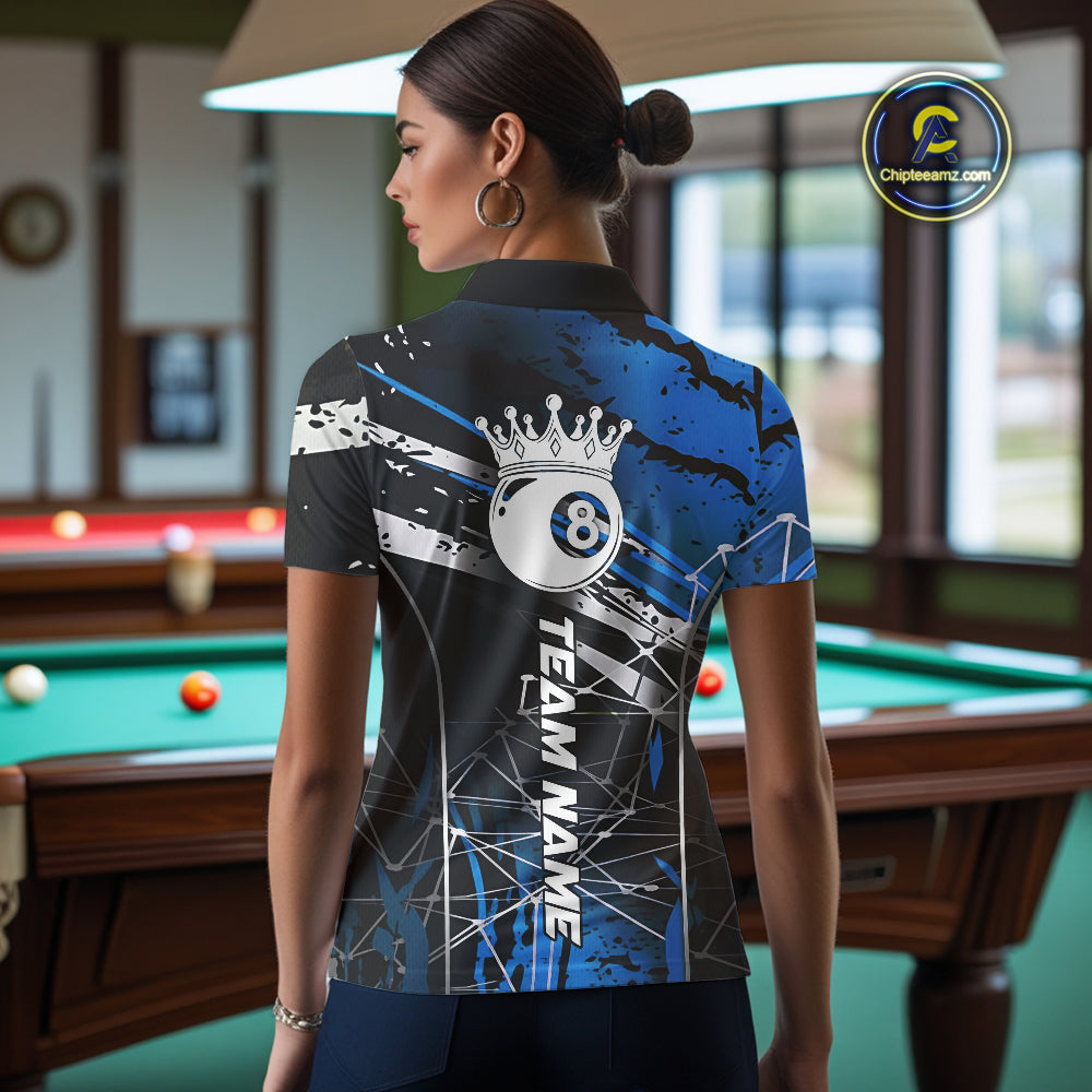 Black And Blue 8 Ball Crown Women's Billiard Shirts Custom Billiards Jerseys, Pool League Team Shirt TDM5133