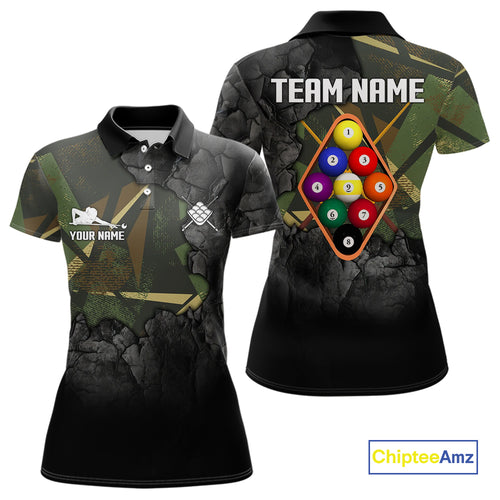 Personalized 9 Ball Pool Shirt For Women Custom Black And Military Green Billiard Team Jersey TDM5136