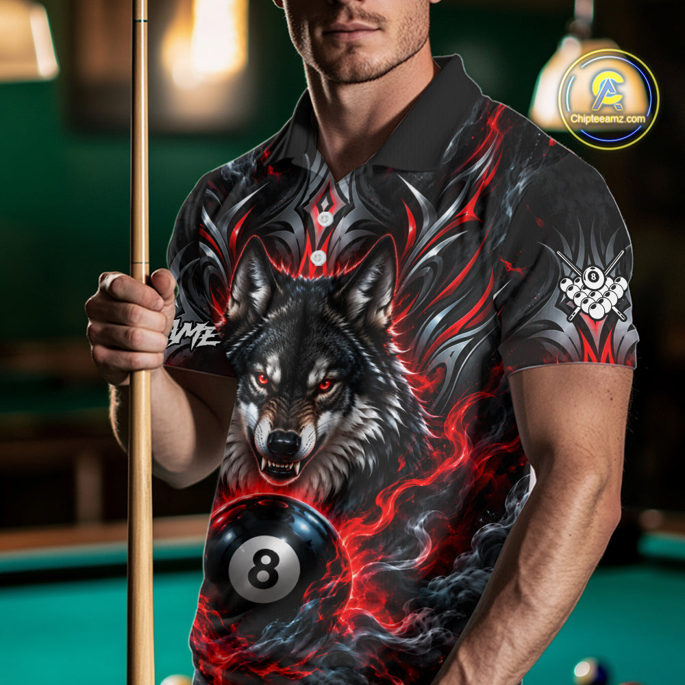 Black And Red 8 Ball Pool Wolf Billiard Shirt For Men Custom Billiard League Jersey Polo & 1/4 Zip TDM8059