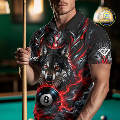 Black And Red 8 Ball Pool Wolf Billiard Shirt For Men Custom Billiard League Jersey Polo & 1/4 Zip TDM8059