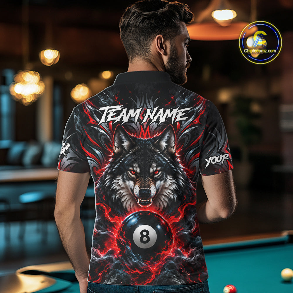 Black And Red 8 Ball Pool Wolf Billiard Shirt For Men Custom Billiard League Jersey Polo & 1/4 Zip TDM8059