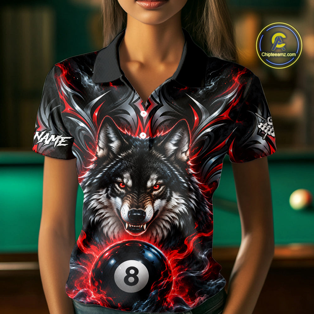 Black And Red 8 Ball Pool Wolf Billiard Shirt For Women Custom Billiard League Jersey Polo & 1/4 Zip TDM8059