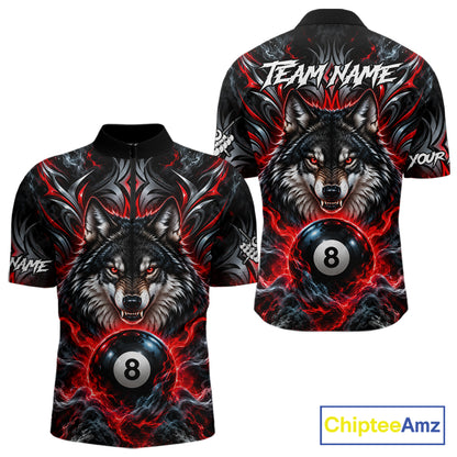 Black And Red 8 Ball Pool Wolf Billiard Shirt For Men Custom Billiard League Jersey Polo & 1/4 Zip TDM8059