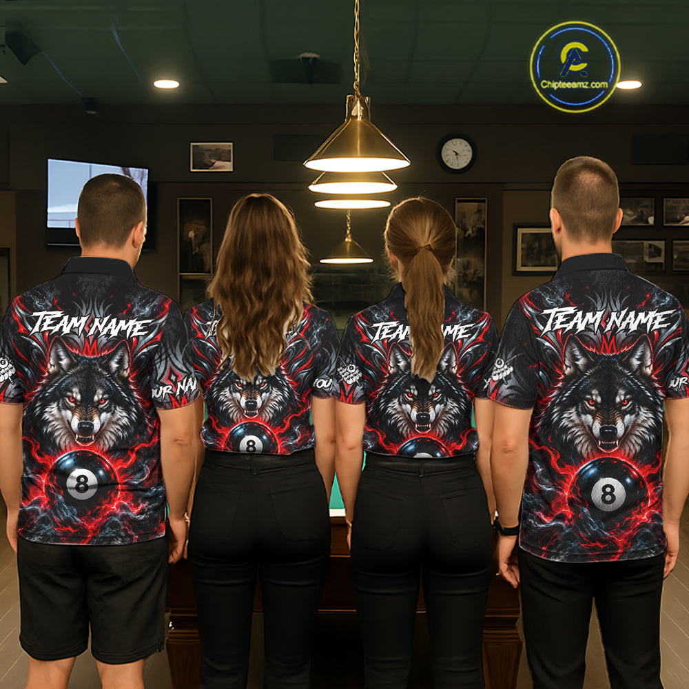 Black And Red 8 Ball Pool Wolf Billiard Shirt For Men Custom Billiard League Jersey Polo & 1/4 Zip TDM8059