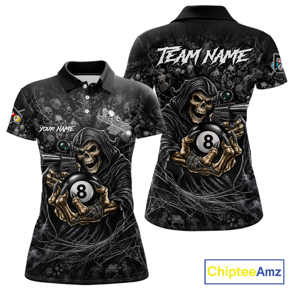 Personalized Grim Reaper Billiard Shirts For Women Custom 8 Ball Pool Team Jersey Polo & 1/4 Zip TDM8062