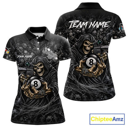 Personalized Grim Reaper Billiard Shirts For Women Custom 8 Ball Pool Team Jersey Polo & 1/4 Zip TDM8062