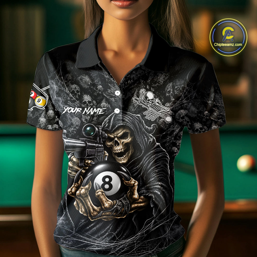 Personalized Grim Reaper Billiard Shirts For Women Custom 8 Ball Pool Team Jersey Polo & 1/4 Zip TDM8062
