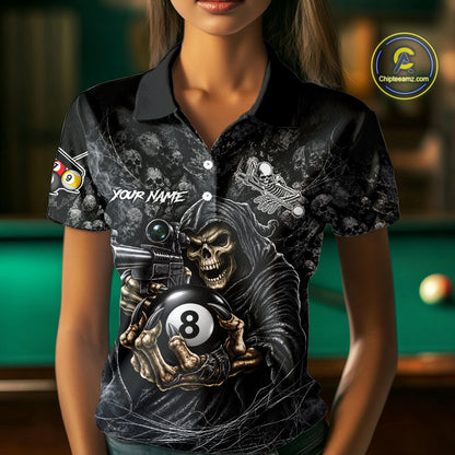 Personalized Grim Reaper Billiard Shirts For Women Custom 8 Ball Pool Team Jersey Polo & 1/4 Zip TDM8062