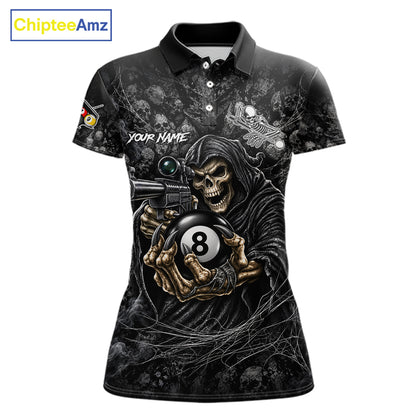 Personalized Grim Reaper Billiard Shirts For Women Custom 8 Ball Pool Team Jersey Polo & 1/4 Zip TDM8062