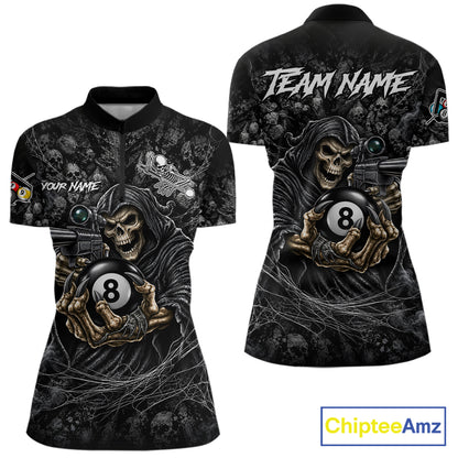 Personalized Grim Reaper Billiard Shirts For Women Custom 8 Ball Pool Team Jersey Polo & 1/4 Zip TDM8062