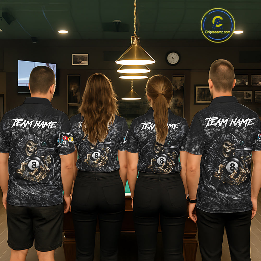 Personalized Grim Reaper Billiard Shirts For Women Custom 8 Ball Pool Team Jersey Polo & 1/4 Zip TDM8062