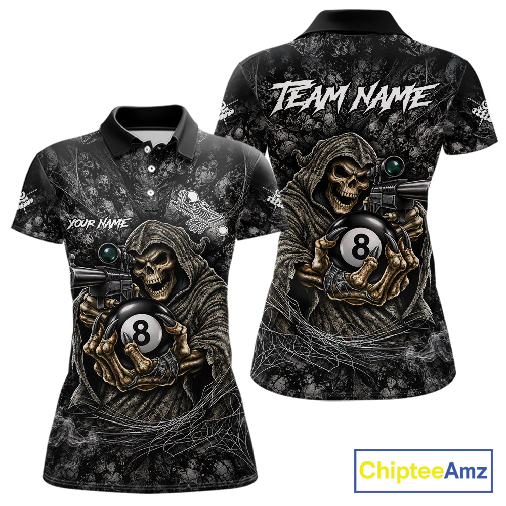 Custom Camo Grim Reaper Billiard Shirts For Women, 8 Ball Pool Team Jersey Polo & Quarter Zip TDM8064
