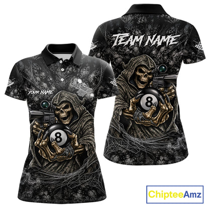 Custom Camo Grim Reaper Billiard Shirts For Women, 8 Ball Pool Team Jersey Polo & Quarter Zip TDM8064