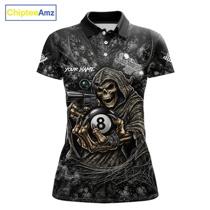 Custom Camo Grim Reaper Billiard Shirts For Women, 8 Ball Pool Team Jersey Polo & Quarter Zip TDM8064