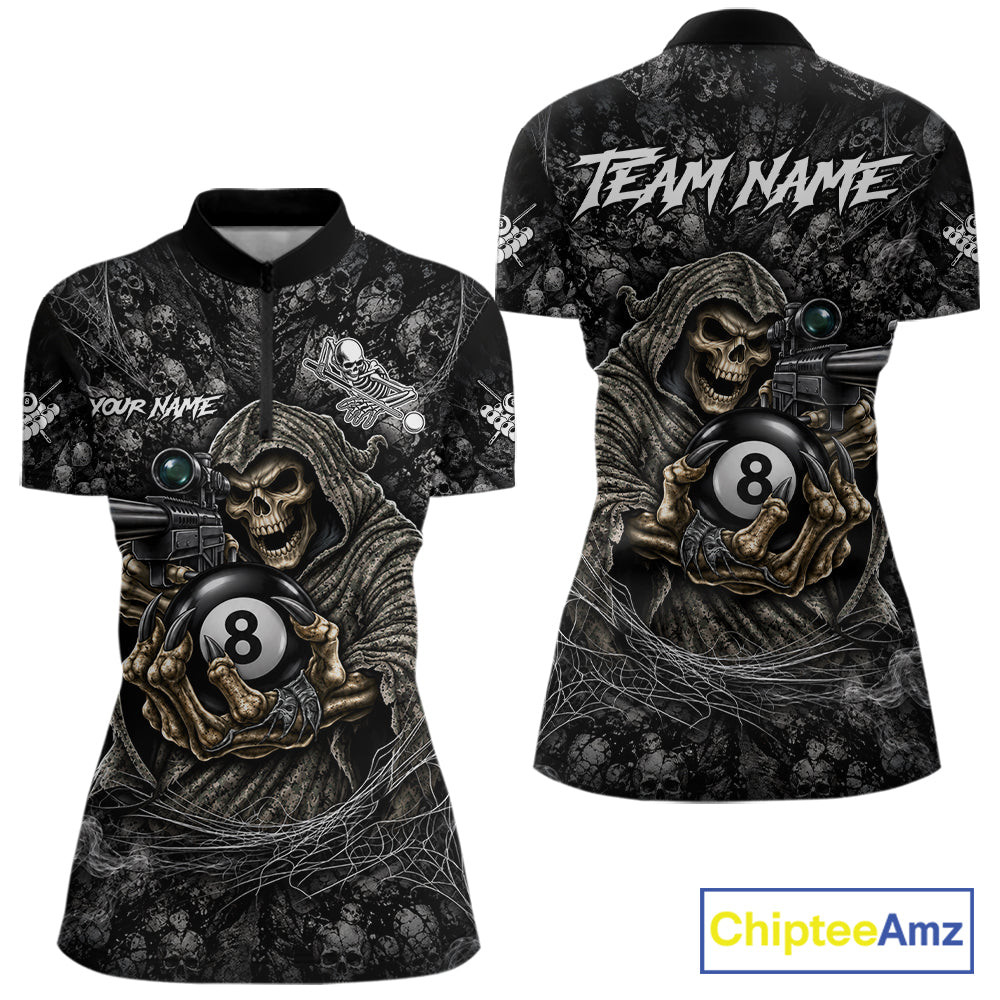 Custom Camo Grim Reaper Billiard Shirts For Women, 8 Ball Pool Team Jersey Polo & Quarter Zip TDM8064