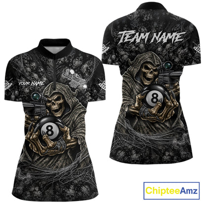 Custom Camo Grim Reaper Billiard Shirts For Women, 8 Ball Pool Team Jersey Polo & Quarter Zip TDM8064