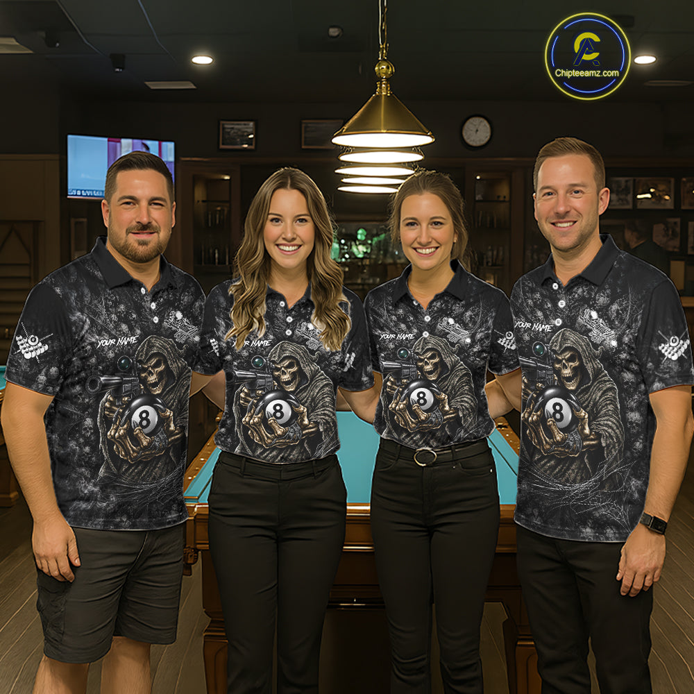 Custom Camo Grim Reaper Billiard Shirts For Women, 8 Ball Pool Team Jersey Polo & Quarter Zip TDM8064