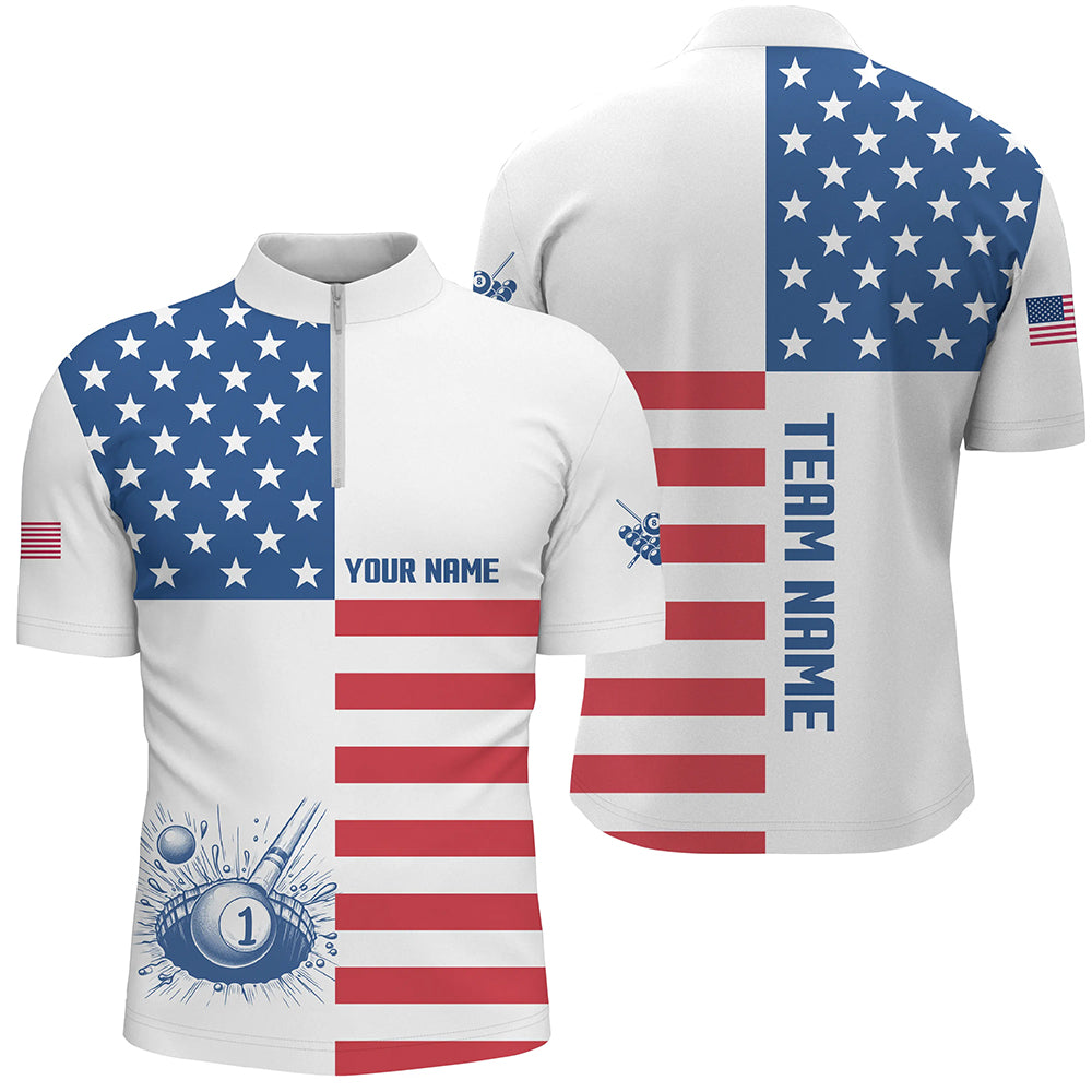 Personalized American Flag Billiard Quarter-Zip Shirt, Patriotic Pool Player Shirt For Men TDM1030
