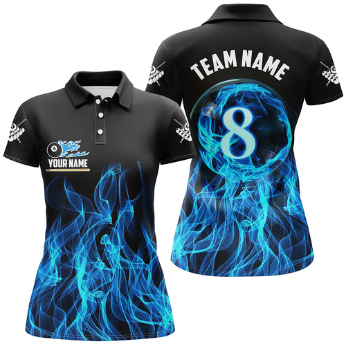 3D Blue Flaming 8 Ball Pool Women Billiard Polo Shirts Custom Pool Player Shirts Jersey TDM1344
