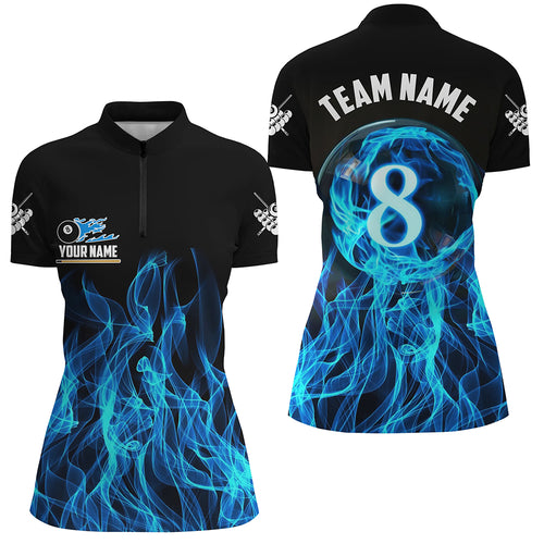 3D Blue Flaming 8 Ball Pool Women Billiard Quarter-Zip Shirt Custom Pool Player Jersey TDM1344