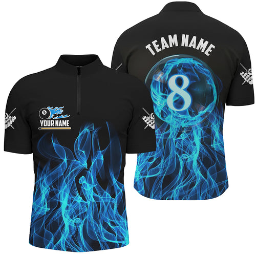 3D Blue Flaming 8 Ball Pool Men Billiard Quarter-Zip Shirt Custom Pool Player Jersey TDM1344