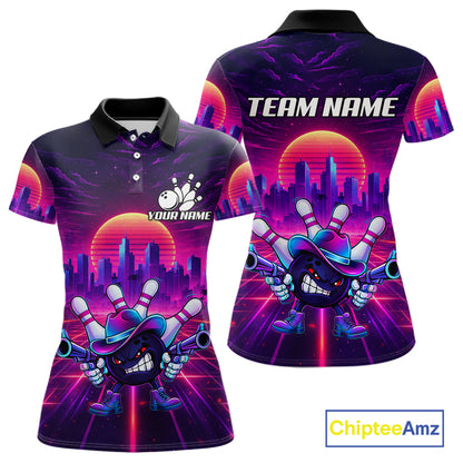 Custom Retro Funny Neon Bowling Shirt For Women, Pink And Purple Bowling Team Jersey Polo & 1/4 Zip TDM6220