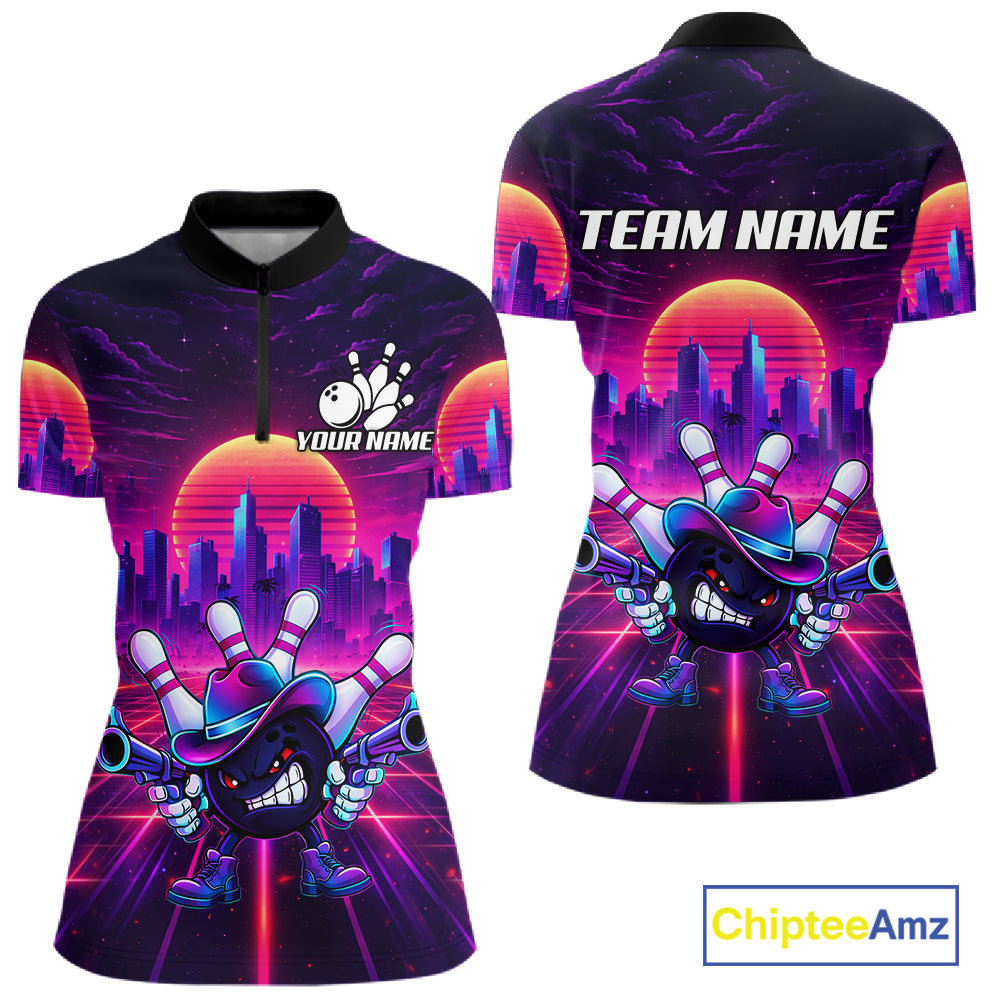 Custom Retro Funny Neon Bowling Shirt For Women, Pink And Purple Bowling Team Jersey Polo & 1/4 Zip TDM6220