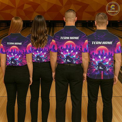 Custom Retro Funny Neon Bowling Shirt For Men, Pink And Purple Bowling Team Jersey Polo & 1/4 Zip TDM6220