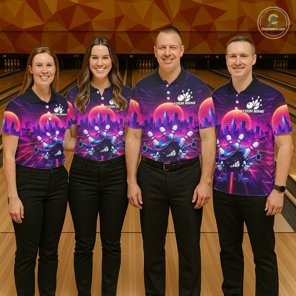 Custom Retro Funny Neon Bowling Shirt For Men, Pink And Purple Bowling Team Jersey Polo & 1/4 Zip TDM6220