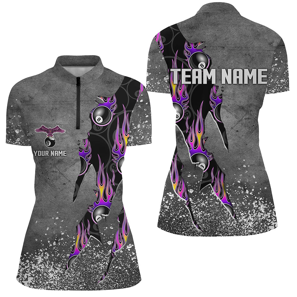 Custom Ball 8 Grey Grunge Billiard Shirts For Women Best Custom Team Name Billiard Jerseys |Purple TDM1560