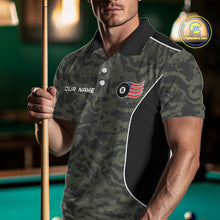 Load image into Gallery viewer, Man wearing a forest camo billiard jersey beside a pool table front view.