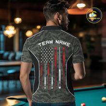 Load image into Gallery viewer, Back view of man wearing a forest camo pool team shirt in a billiards hall.