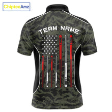 Load image into Gallery viewer, Men’s forest camo 8 ball pool polo shirt with patriotic American flag billiard graphics.